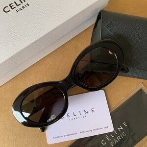 CELINE Black Oval Sunglasses w/ Gold Logo | Like New